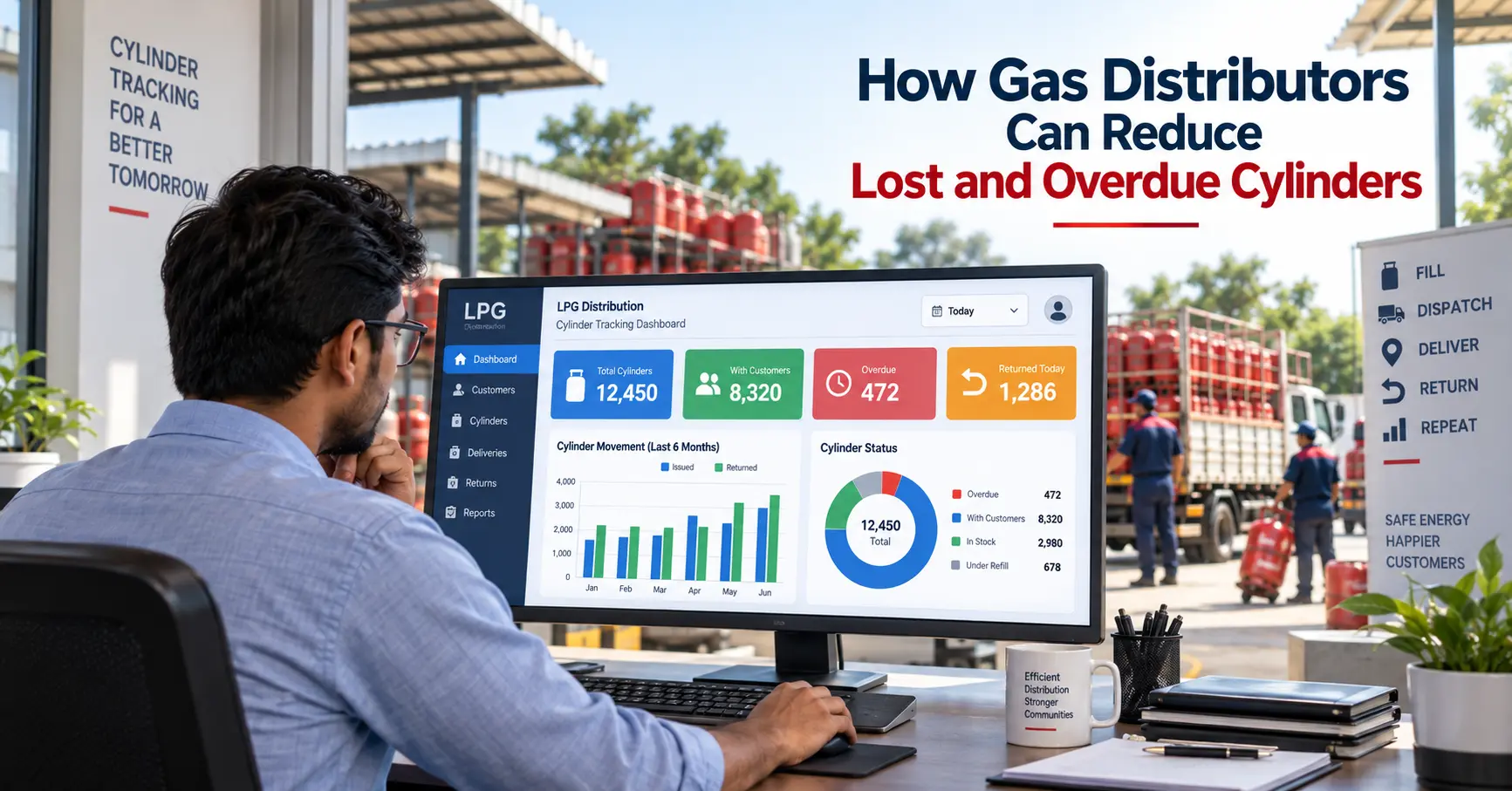 Gas distributor using cylinder tracking software to reduce lost and overdue LPG cylinders
